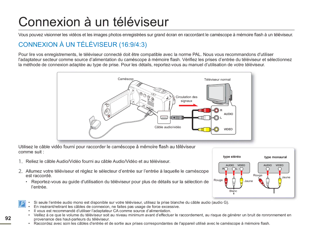 Samsung SMX-F50RP/EDC, SMX-F54RP/MEA, SMX-F50BP/EDC manual Connexion à un téléviseur, Connexion À UN Téléviseur 169/43 