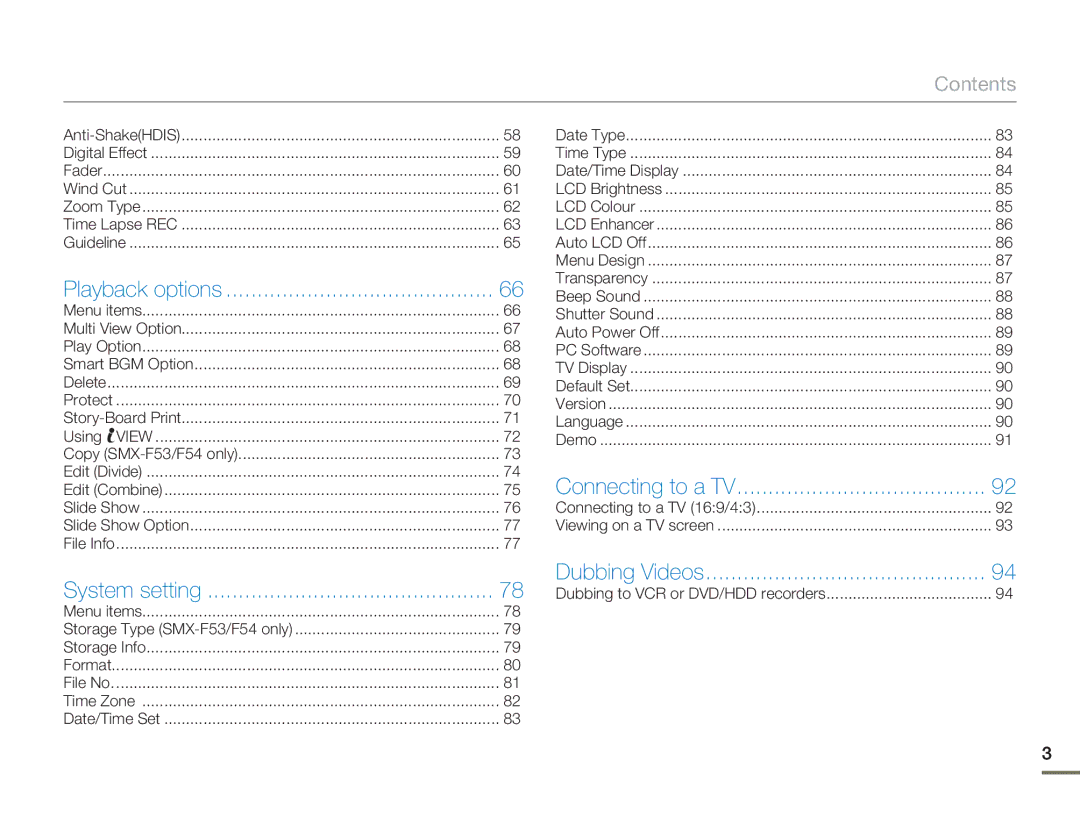 Samsung SMX-F50BP/MEA, SMX-F54RP/MEA, SMX-F50BP/EDC, SMX-F54BP/EDC, SMX-F50RP/EDC, SMX-F54SP/MEA, SMX-F500XP/EDC manual Contents 