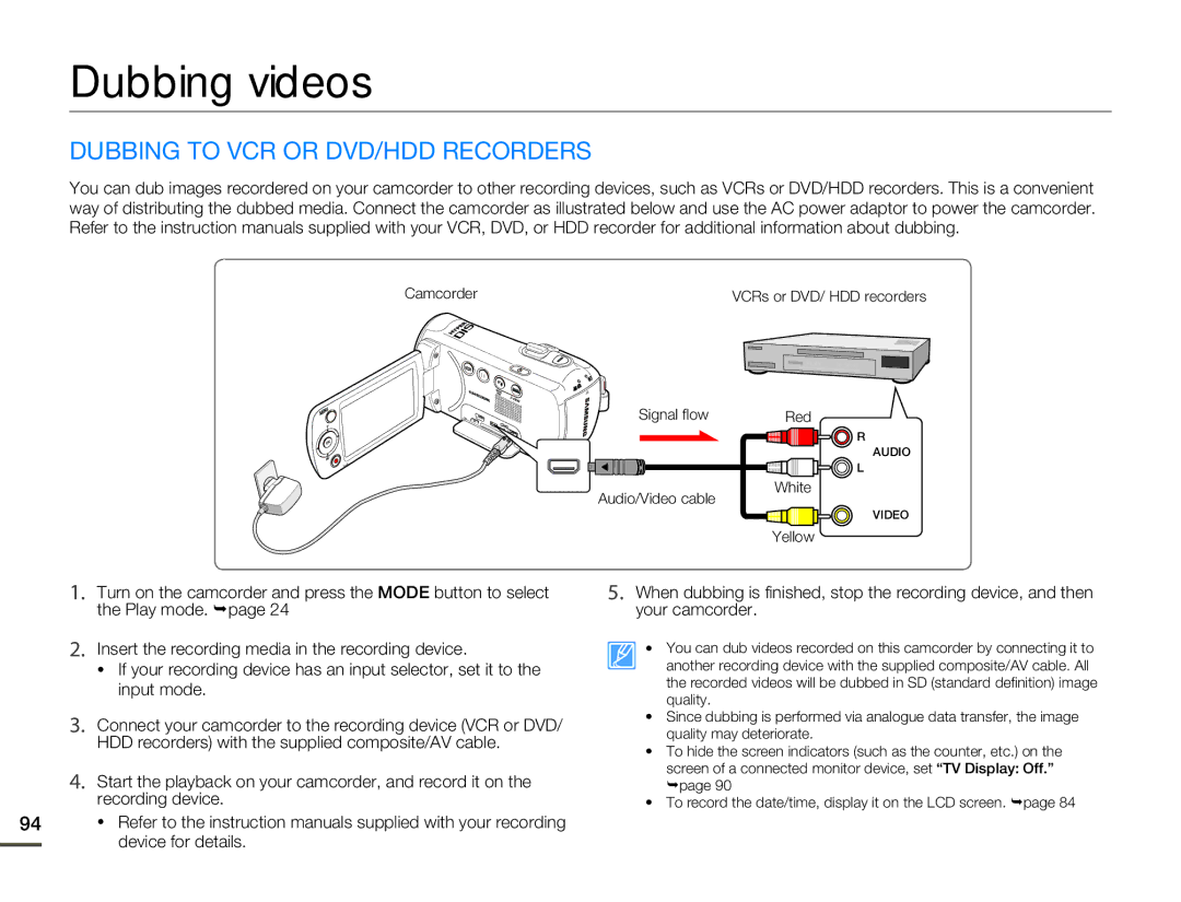 Samsung SMX-F50RP/AAW, SMX-F54RP/MEA, SMX-F50BP/EDC, SMX-F54BP/EDC manual Dubbing videos, Dubbing to VCR or DVD/HDD Recorders 