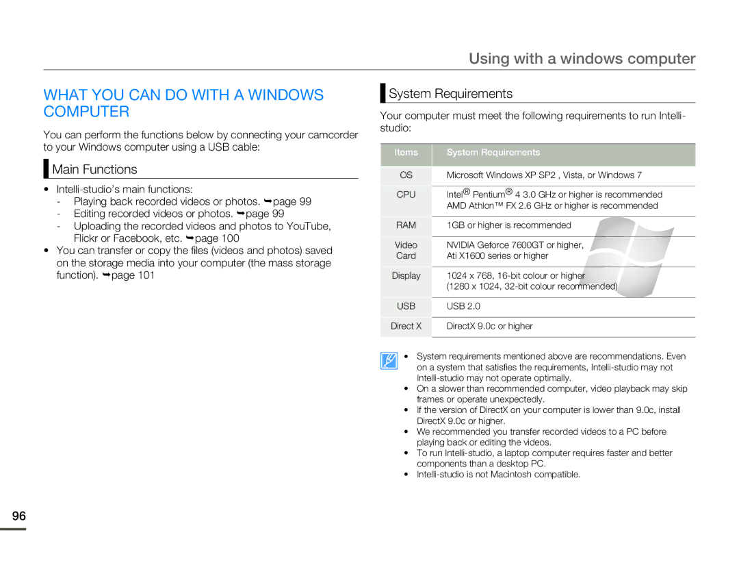 Samsung SMX-F54SP/AAW, SMX-F54RP/MEA manual What YOU can do with a Windows Computer, Main Functions, System Requirements 