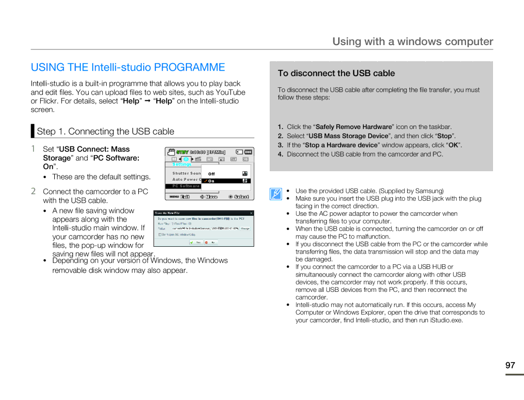 Samsung SMX-F50SP/HAC manual Using the Intelli-studio Programme, Connecting the USB cable To disconnect the USB cable 