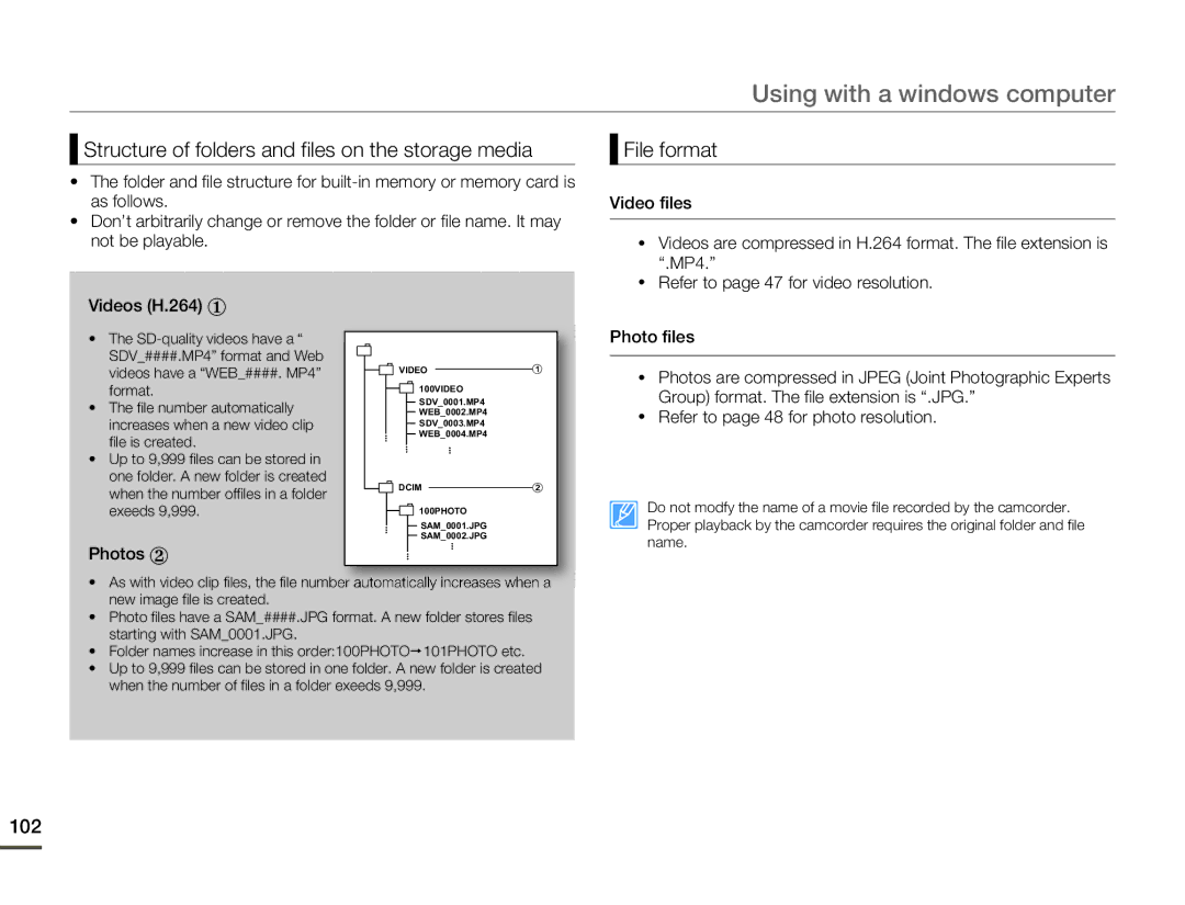 Samsung SMX-F54BP/AAW, SMX-F54RP/MEA manual Structure of folders and files on the storage media, File format, 102, Photos ② 