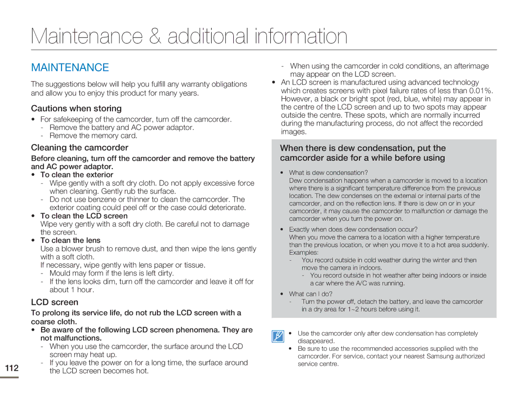 Samsung SMX-F50BP/XER, SMX-F54RP/MEA manual Maintenance & additional information, Cleaning the camcorder, LCD screen 