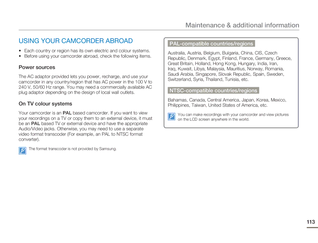 Samsung SMX-F50SP/XER Using Your Camcorder Abroad, PAL-compatible countries/regions, NTSC-compatible countries/regions 