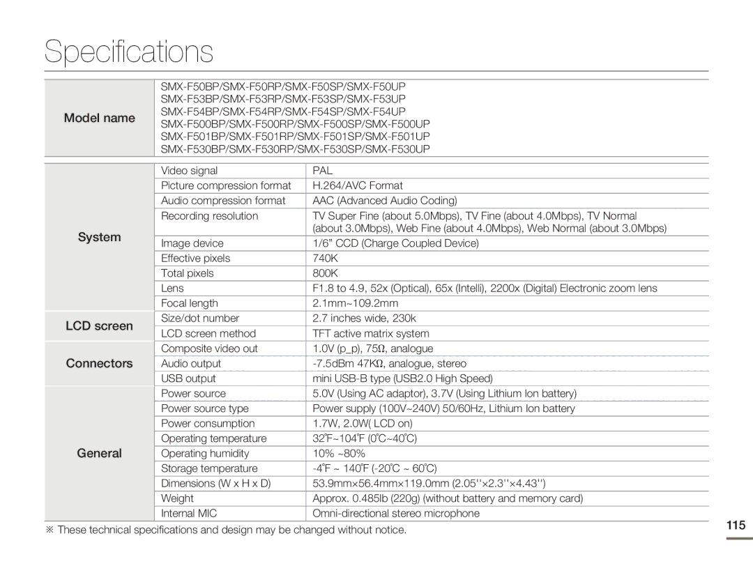 Samsung SMX-F54BP/XER, SMX-F54RP/MEA, SMX-F50BP/EDC, SMX-F54BP/EDC, SMX-F50RP/EDC, SMX-F54SP/MEA, SMX-F500XP/EDC Specifications 