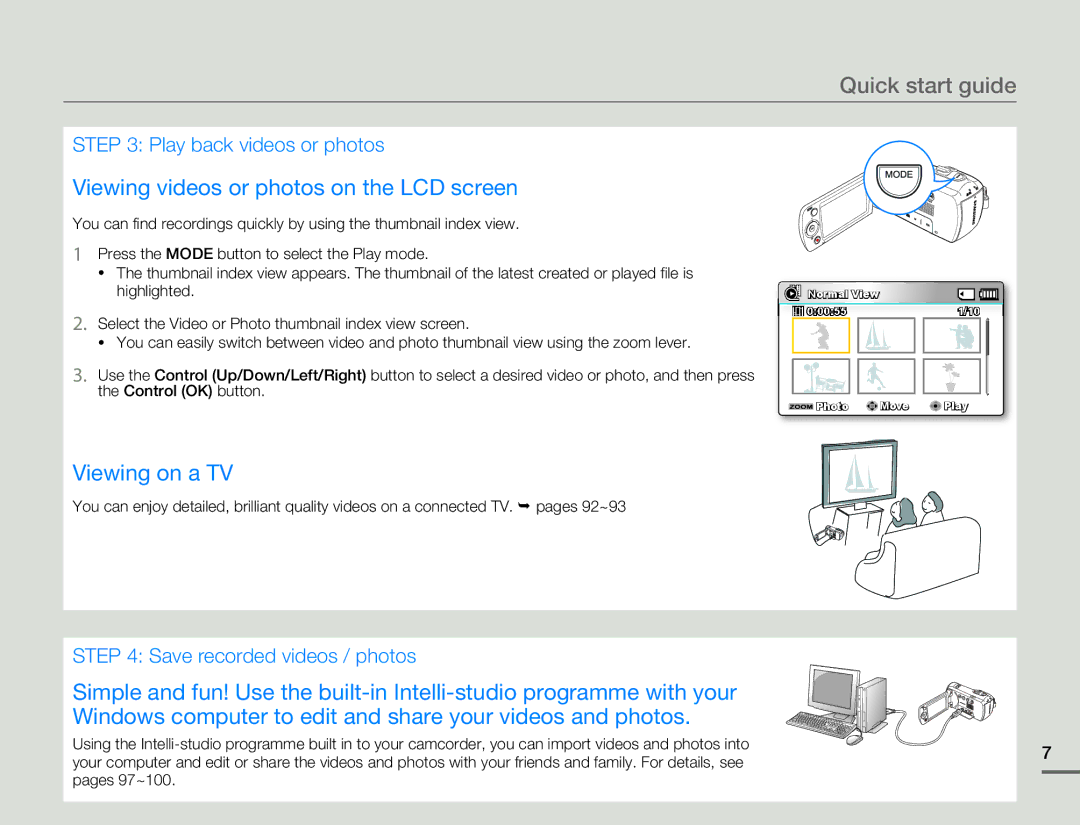 Samsung SMX-F53BP/HAC, SMX-F54RP/MEA, SMX-F50BP/EDC manual Viewing videos or photos on the LCD screen, Viewing on a TV 