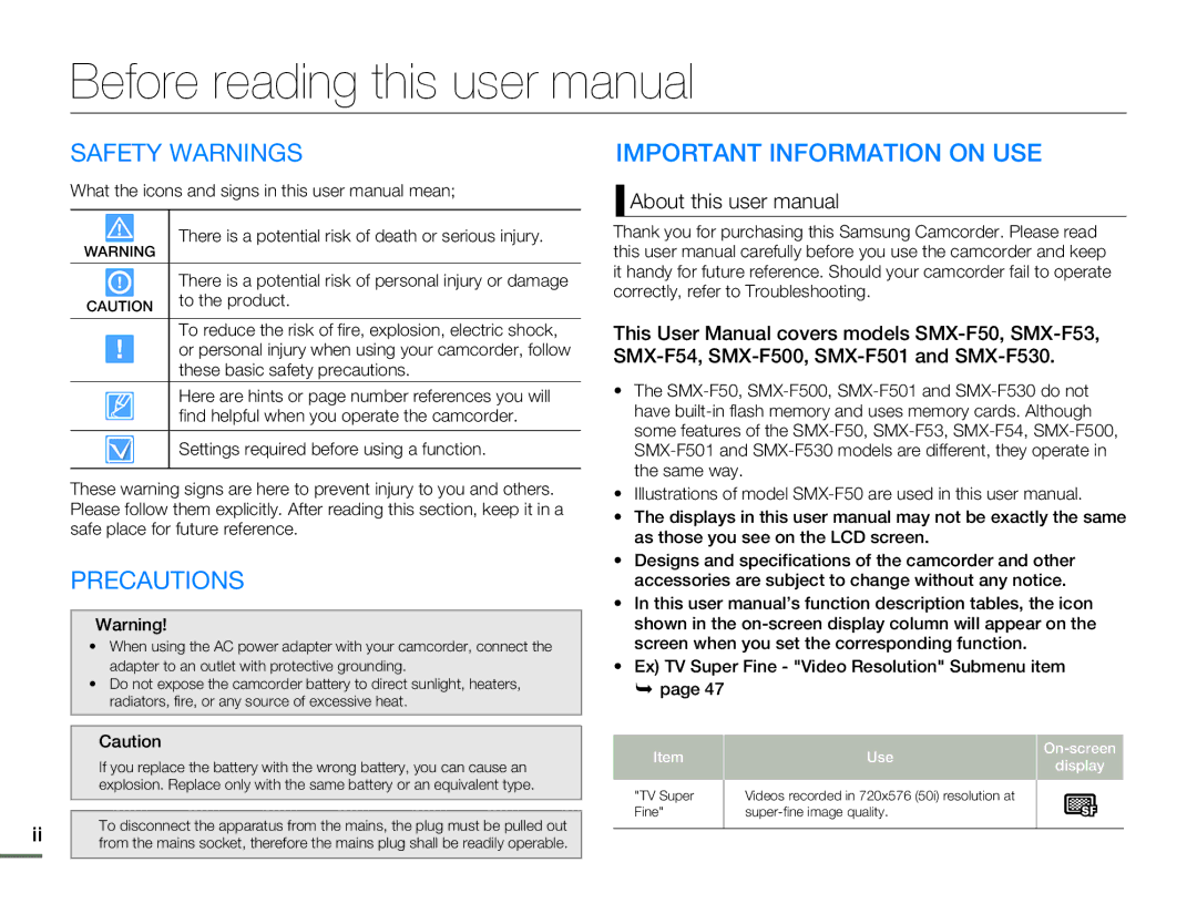 Samsung SMX-F54BP/EDC, SMX-F54RP/MEA manual Safety Warnings, Precautions, Important Information on USE, To the product 