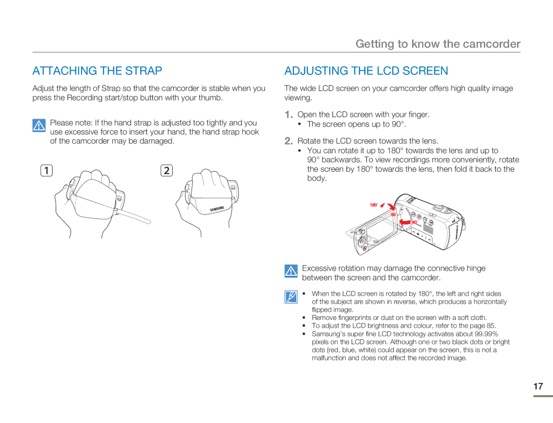 Samsung SMX-F50SP/AAW, SMX-F54RP/MEA, SMX-F50BP/EDC, SMX-F54BP/EDC manual Attaching the Strap Adjusting the LCD Screen 