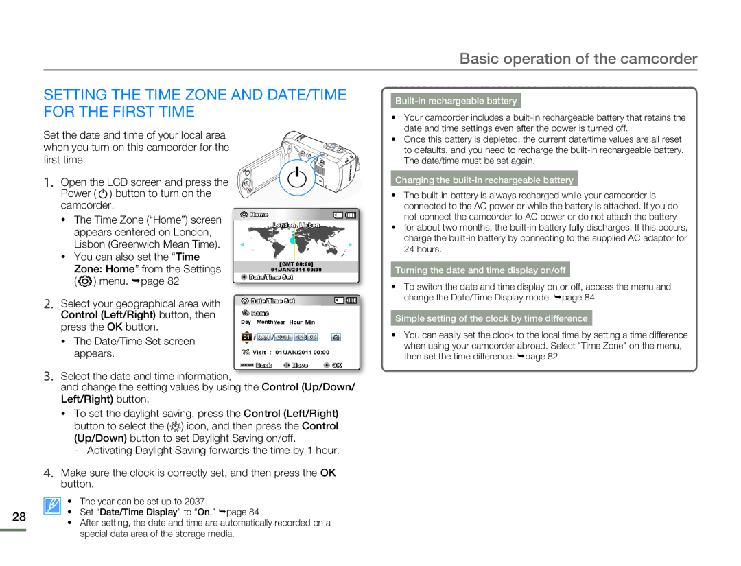 Samsung SMX-F54BP/XEK, SMX-F54RP/MEA manual Setting the Time Zone and DATE/TIME for the First Time, Left/Right button 