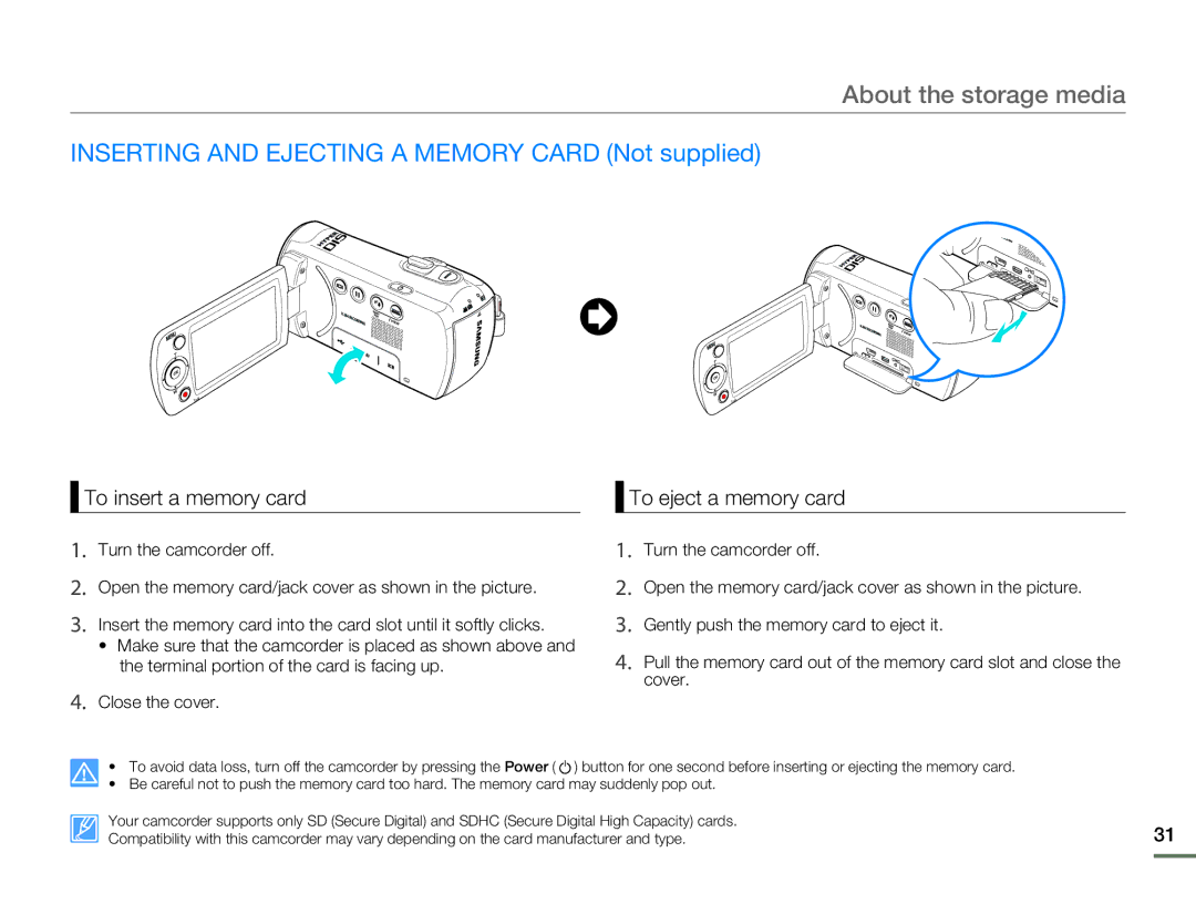 Samsung SMX-F54BP/XIL Inserting and Ejecting a Memory Card Not supplied, To insert a memory card, To eject a memory card 