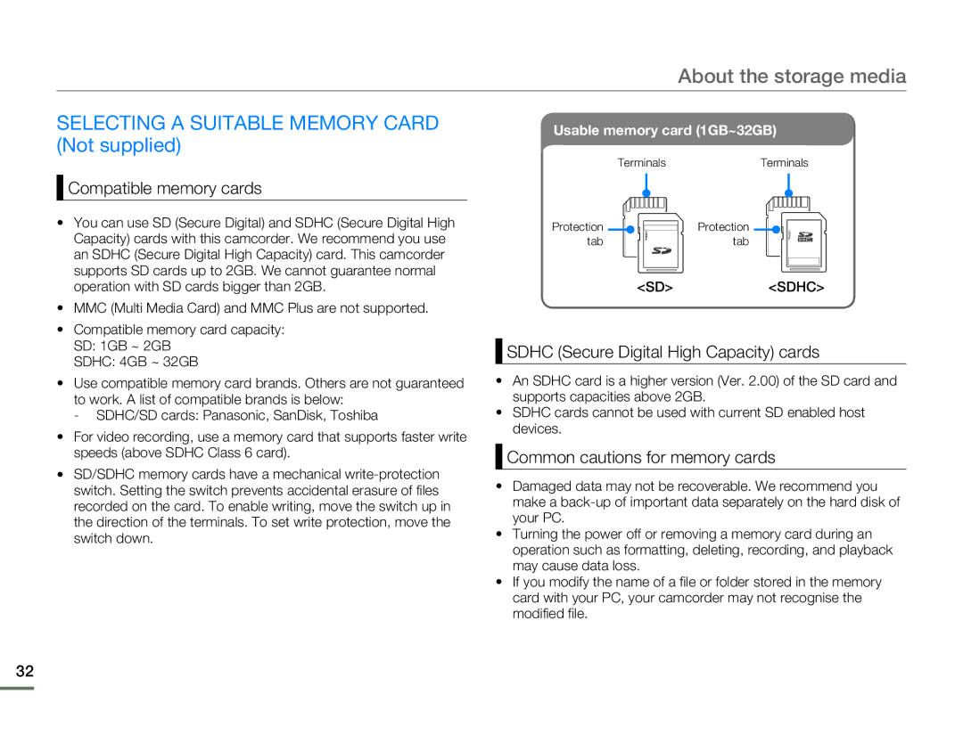 Samsung SMX-F50SP/XIL, SMX-F54RP/MEA, SMX-F50BP/EDC Selecting a Suitable Memory Card Not supplied, Compatible memory cards 