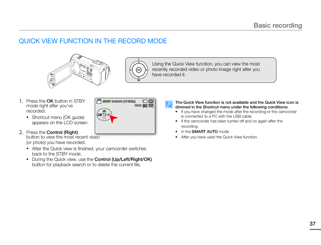 Samsung SMX-F50BP/EDC, SMX-F54RP/MEA, SMX-F54BP/EDC, SMX-F50RP/EDC, SMX-F54SP/MEA manual Quick View Function in the Record Mode 