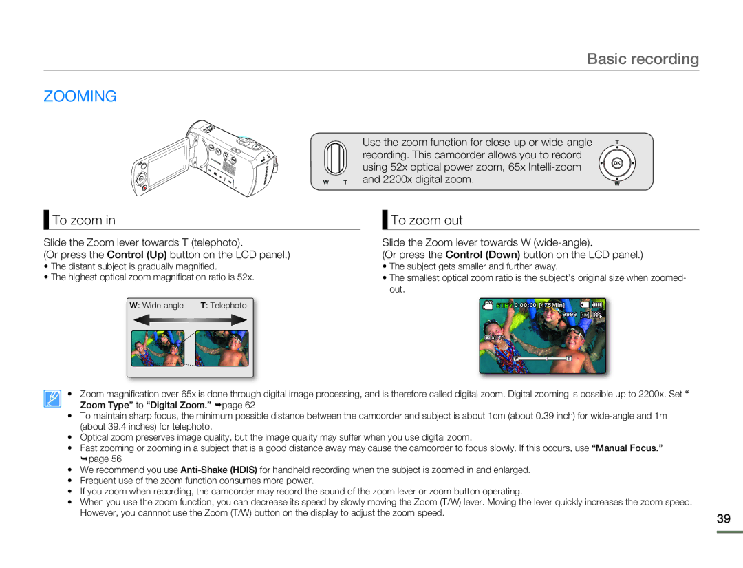 Samsung SMX-F50RP/EDC Zooming, To zoom To zoom out, Use the zoom function for close-up or wide-angle, 2200x digital zoom 