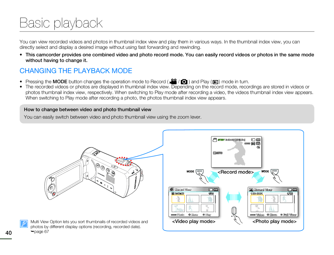 Samsung SMX-F54SP/MEA, SMX-F54RP/MEA manual Basic playback, Changing the Playback Mode, Record mode, Photo play mode 