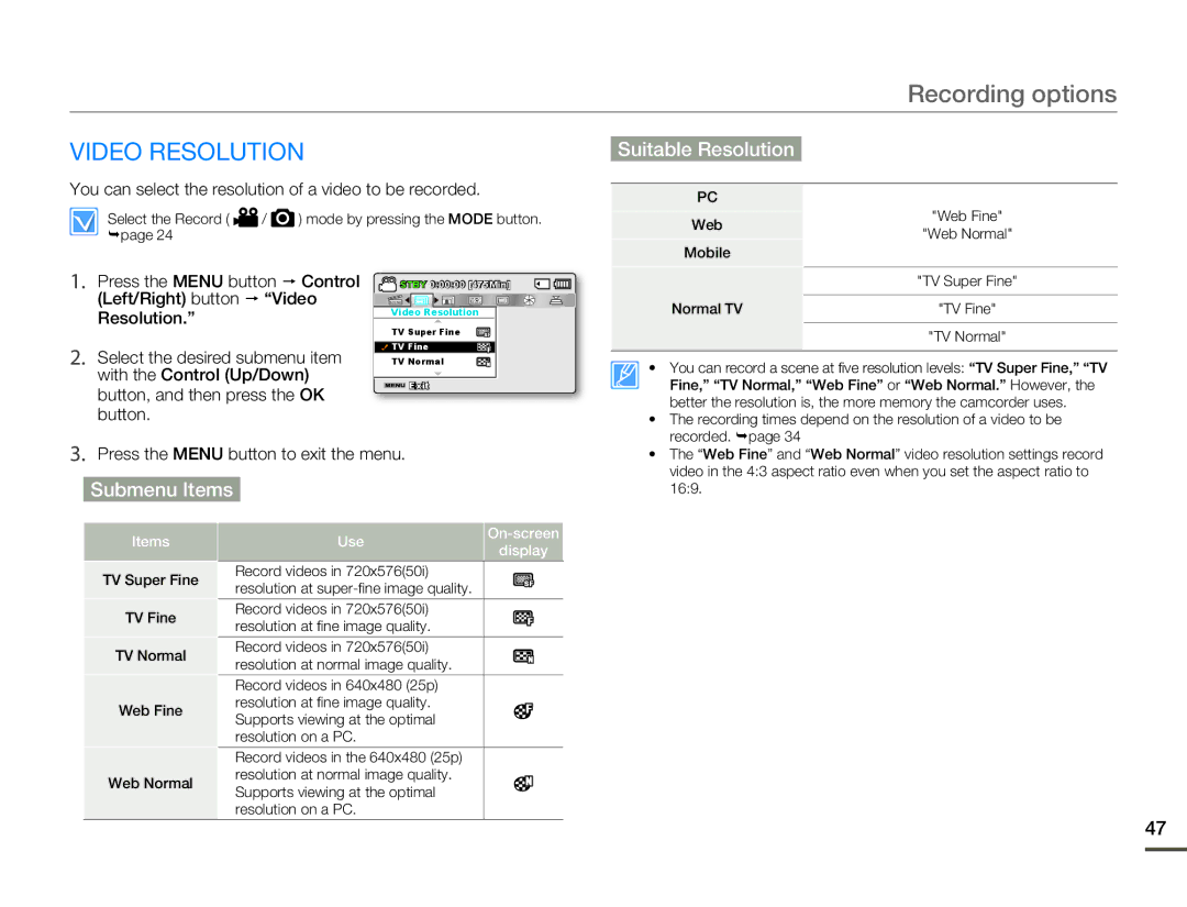 Samsung SMX-F50UP/EDC, SMX-F54RP/MEA, SMX-F50BP/EDC, SMX-F54BP/EDC, SMX-F50RP/EDC manual Video Resolution, Suitable Resolution 