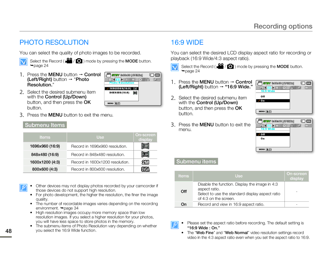 Samsung SMX-F500RP/EDC, SMX-F54RP/MEA, SMX-F50BP/EDC, SMX-F54BP/EDC, SMX-F50RP/EDC, SMX-F54SP/MEA manual Photo Resolution, Wide 