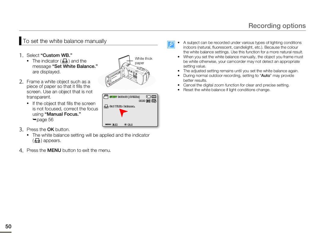 Samsung SMX-F53BP/HAC, SMX-F54RP/MEA, SMX-F50BP/EDC To set the white balance manually, page Press the OK button 