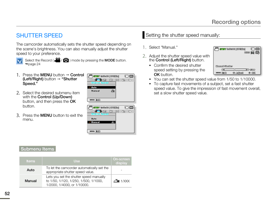 Samsung SMX-F53SP/HAC, SMX-F54RP/MEA, SMX-F50BP/EDC, SMX-F54BP/EDC Shutter Speed, Setting the shutter speed manually 