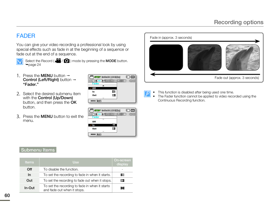 Samsung SMX-F50SP/AAW, SMX-F54RP/MEA, SMX-F50BP/EDC, SMX-F54BP/EDC, SMX-F50RP/EDC, SMX-F54SP/MEA, SMX-F500XP/EDC manual Fader 