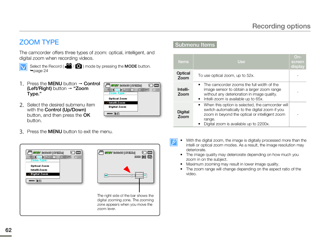 Samsung SMX-F50SP/MEA, SMX-F54RP/MEA, SMX-F50BP/EDC manual Zoom Type, Left/Right button  Zoom, Items Use Screen Display 