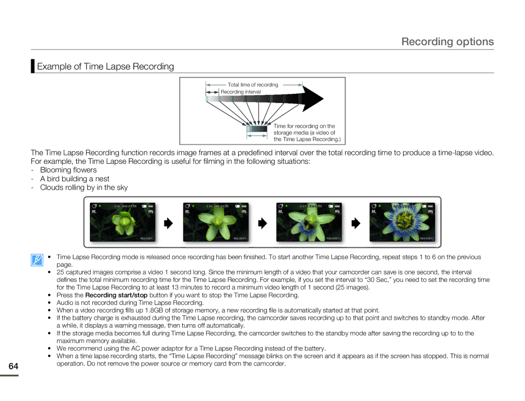 Samsung SMX-F53RP/HAC, SMX-F54RP/MEA, SMX-F50BP/EDC, SMX-F54BP/EDC, SMX-F50RP/EDC manual Example of Time Lapse Recording 