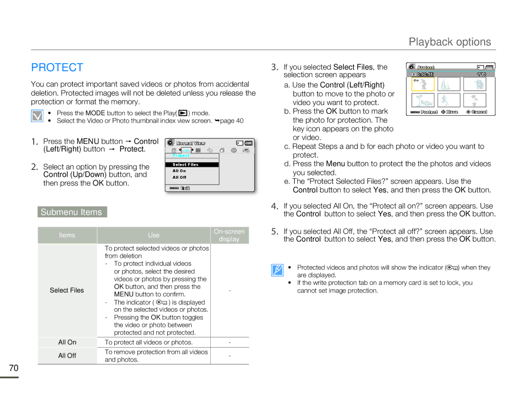 Samsung SMX-F50SP/XER, SMX-F54RP/MEA Protect, Selection screen appears, Video you want to protect, Photo for protection 