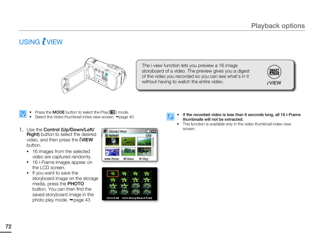 Samsung SMX-F54BP/XER, SMX-F54RP/MEA, SMX-F50BP/EDC, SMX-F54BP/EDC manual Using View, Frame images appear on the LCD screen 