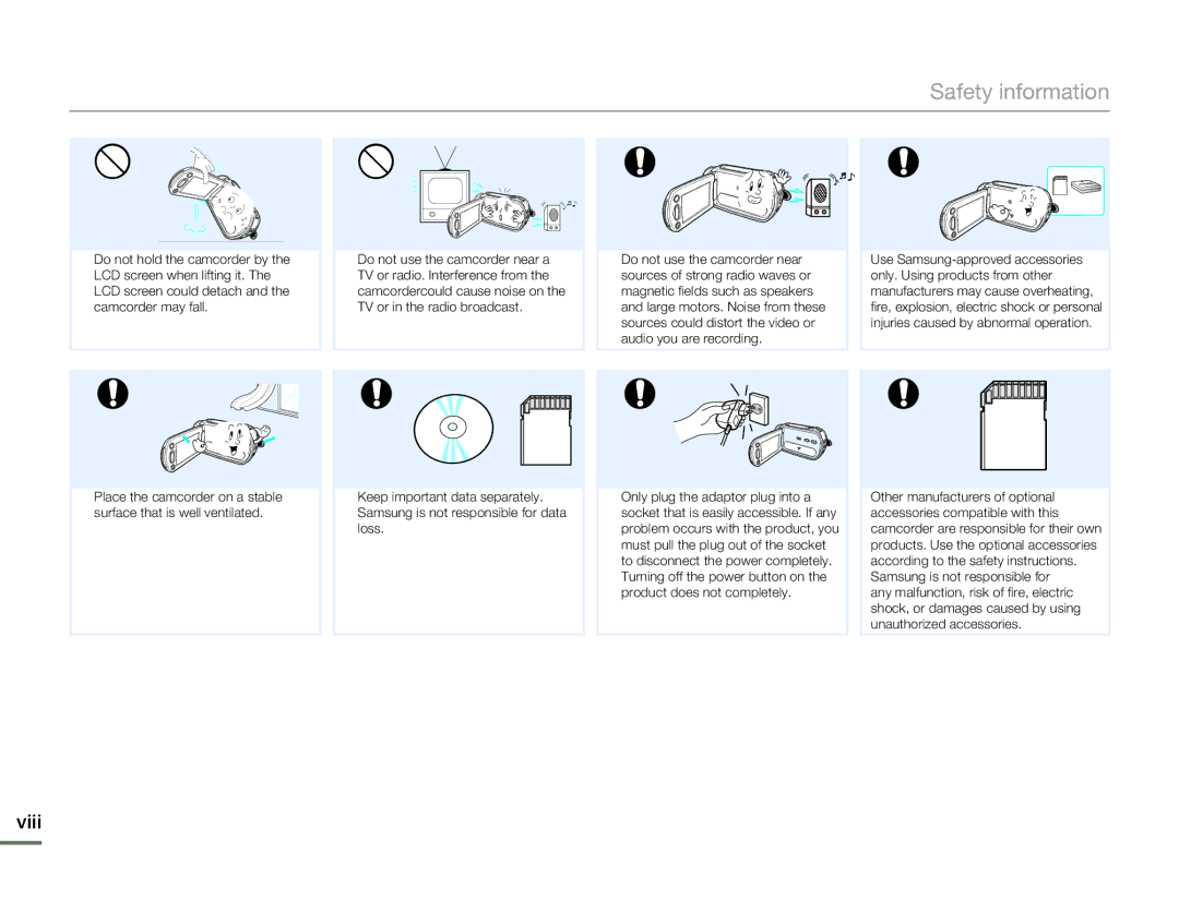 Samsung SMX-F53BP/EDC, SMX-F54RP/MEA, SMX-F50BP/EDC, SMX-F54BP/EDC, SMX-F50RP/EDC, SMX-F54SP/MEA, SMX-F500XP/EDC manual Viii 