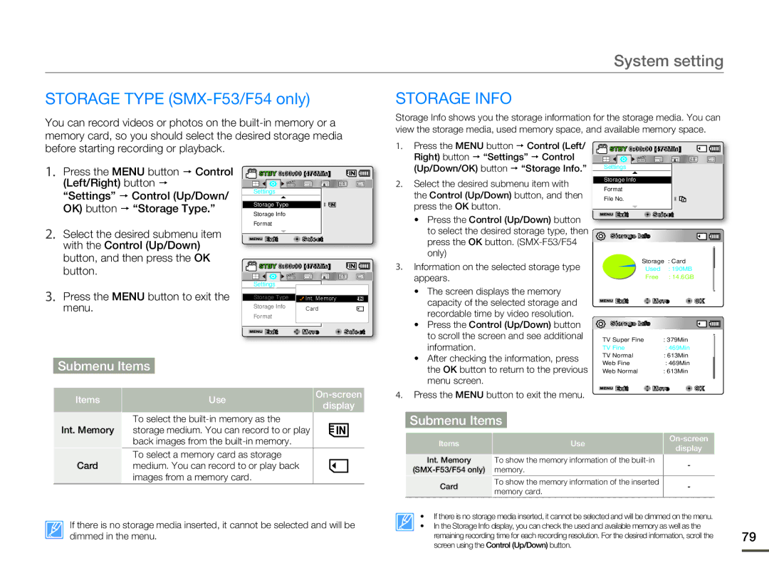 Samsung SMX-F54RP/MEA, SMX-F50BP/EDC Storage Type SMX-F53/F54 only, Storage Info, Before starting recording or playback 