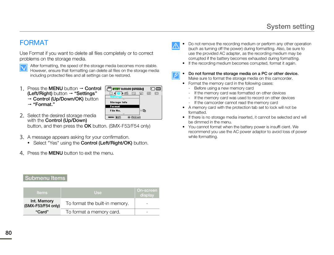 Samsung SMX-F50BP/EDC  Control Up/Down/OK button  Format, To format the built-in memory To format a memory card 