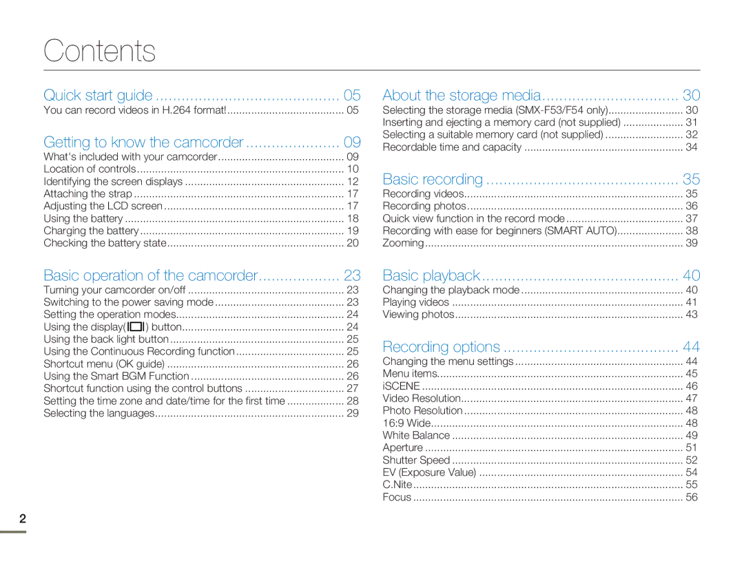 Samsung SMX-F50SP/EDC, SMX-F54RP/MEA, SMX-F50BP/EDC, SMX-F54BP/EDC, SMX-F50RP/EDC, SMX-F54SP/MEA, SMX-F500XP/EDC manual Contents 