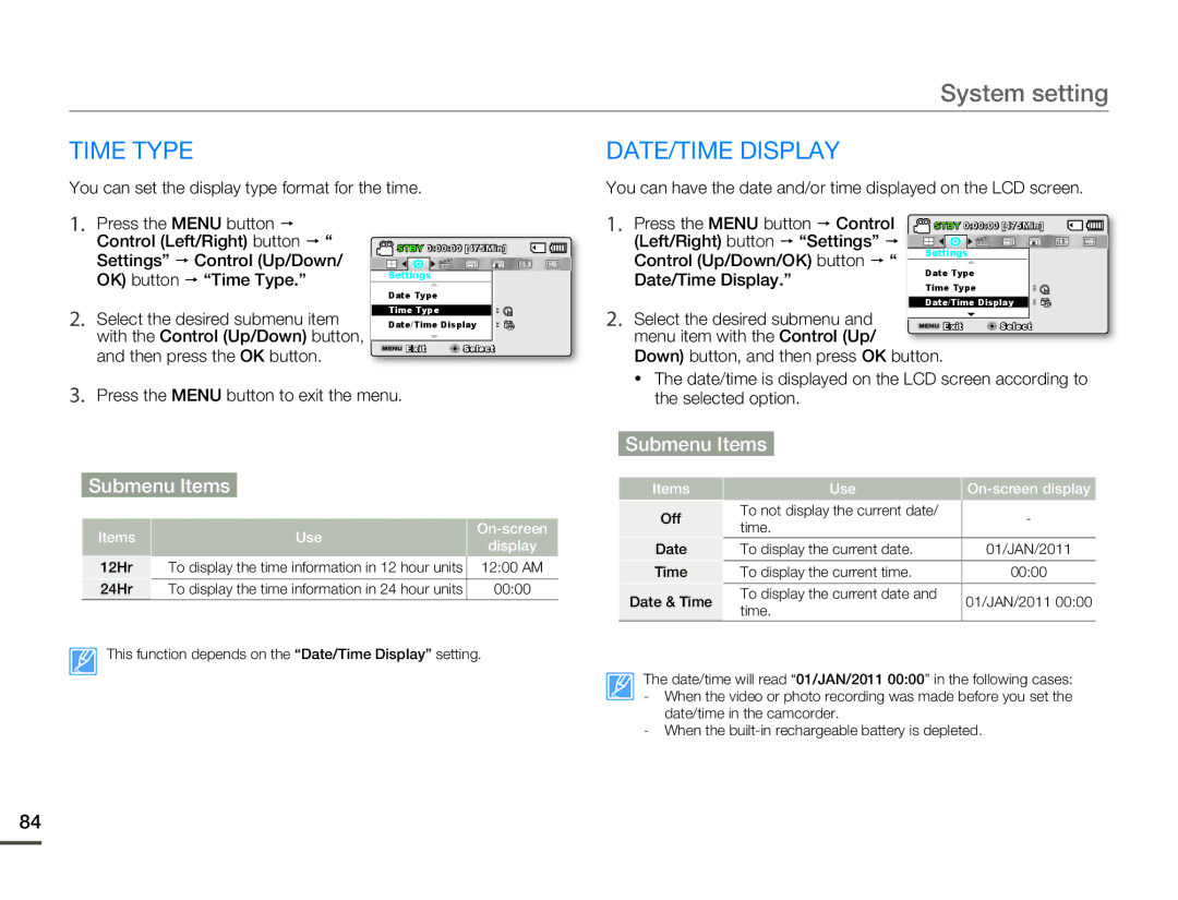 Samsung SMX-F500XP/EDC, SMX-F54RP/MEA, SMX-F50BP/EDC manual Time Type DATE/TIME Display, Left/Right button  Settings  