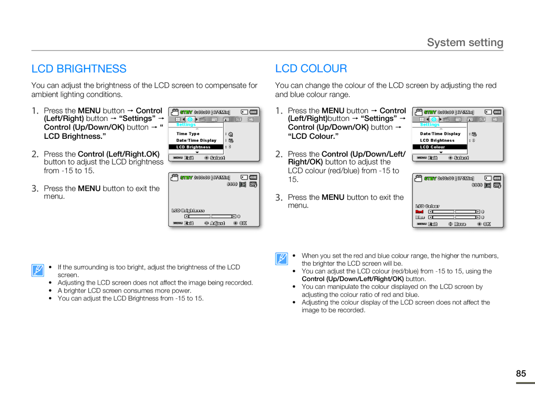 Samsung SMX-F54BP/MEA, SMX-F54RP/MEA manual LCD Brightness LCD Colour, Ambient lighting conditions Blue colour range 