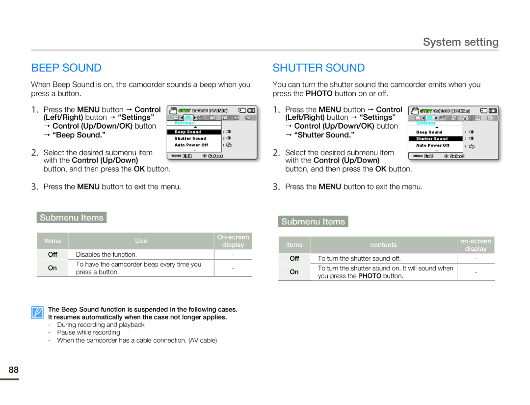 Samsung SMX-F50SP/EDC, SMX-F54RP/MEA, SMX-F50BP/EDC, SMX-F54BP/EDC Beep Sound Shutter Sound,  Beep Sound,  Shutter Sound 