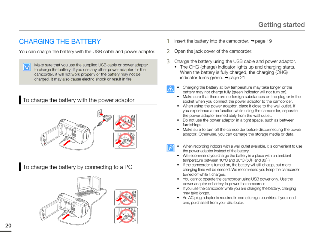 Samsung SMX-F70SP/EDC, SMX-F70BP/EDC, SMX-F700BP/EDC, SMX-F700BP/XSV, SMX-F70BP/XEK Getting started, Charging the Battery 