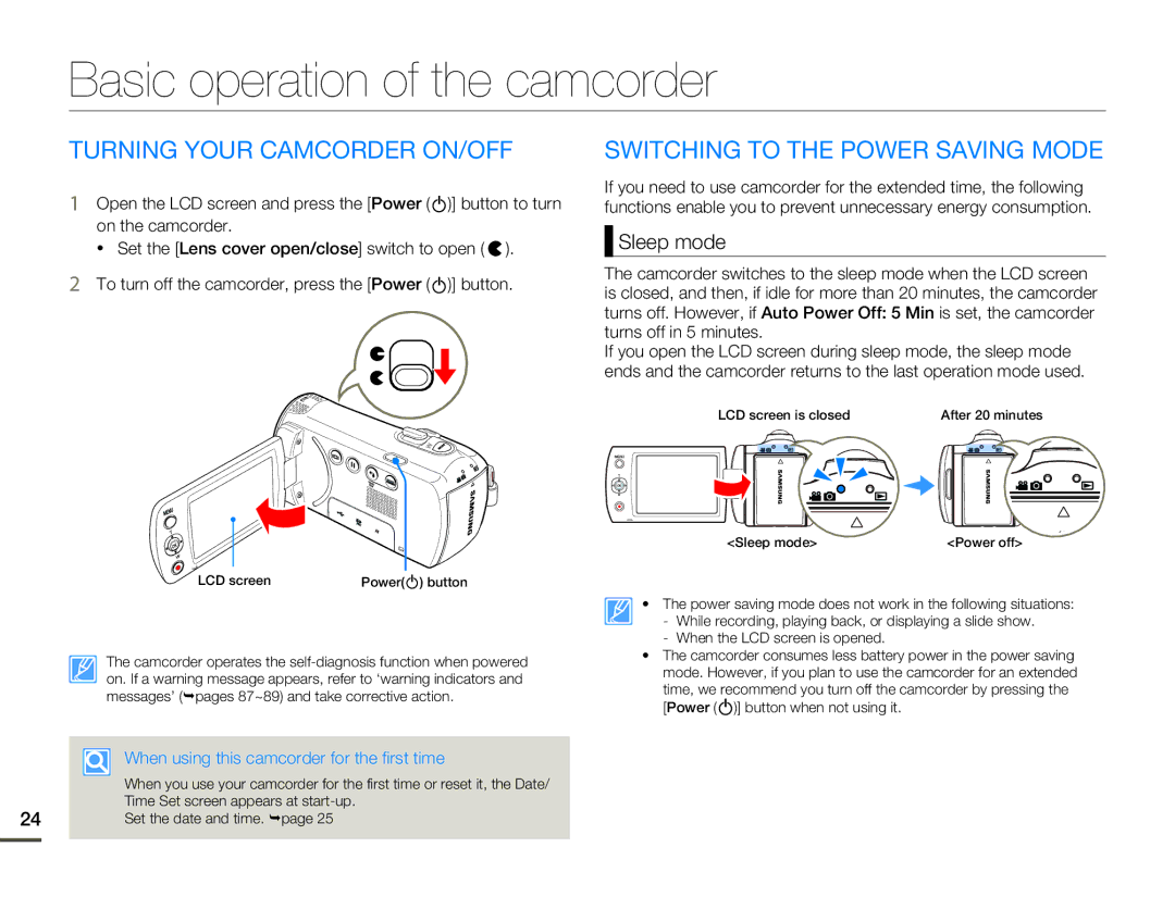 Samsung SMX-F70BP/XER Basic operation of the camcorder, Turning Your Camcorder ON/OFF, Switching to the Power Saving Mode 