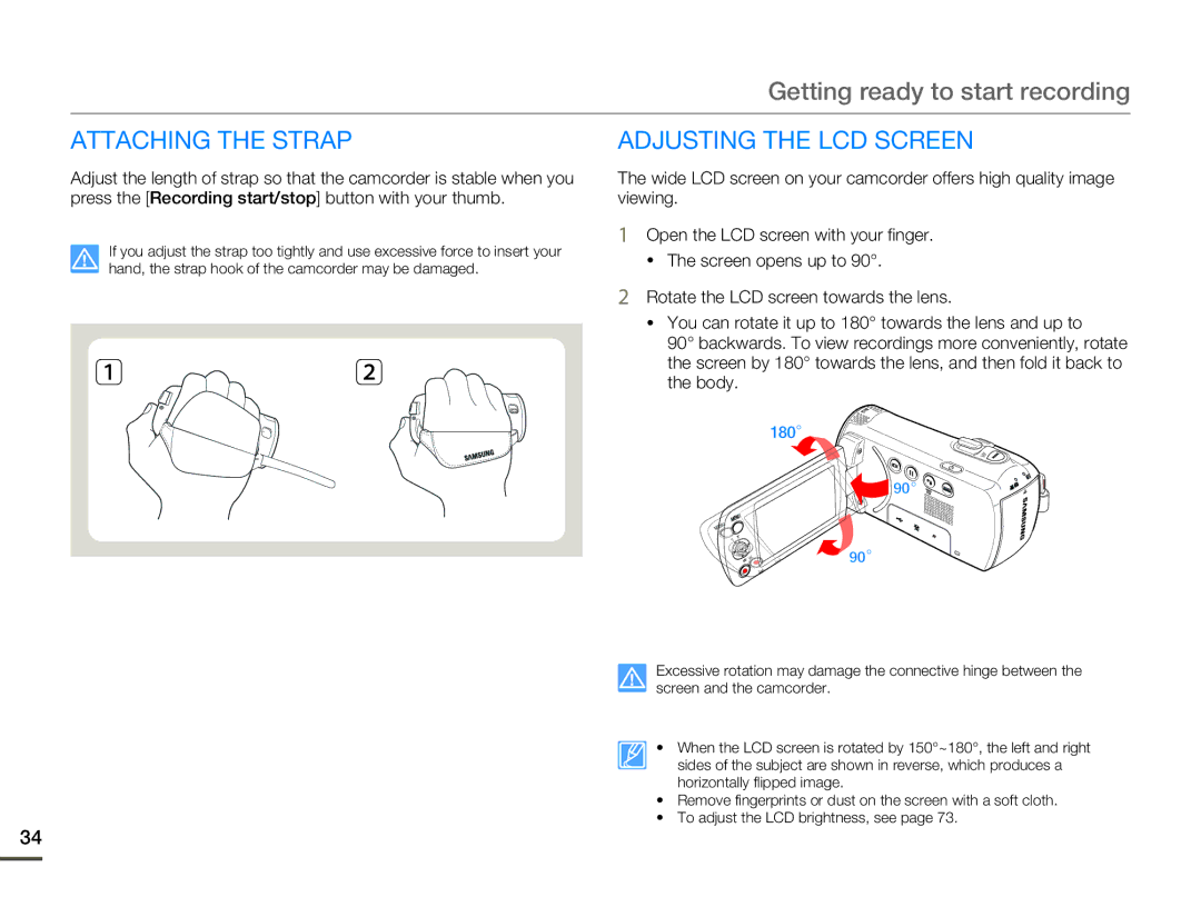 Samsung SMX-F70BP/XIL, SMX-F70BP/EDC, SMX-F700BP/EDC, SMX-F70SP/EDC manual Attaching the Strap, Adjusting the LCD Screen 