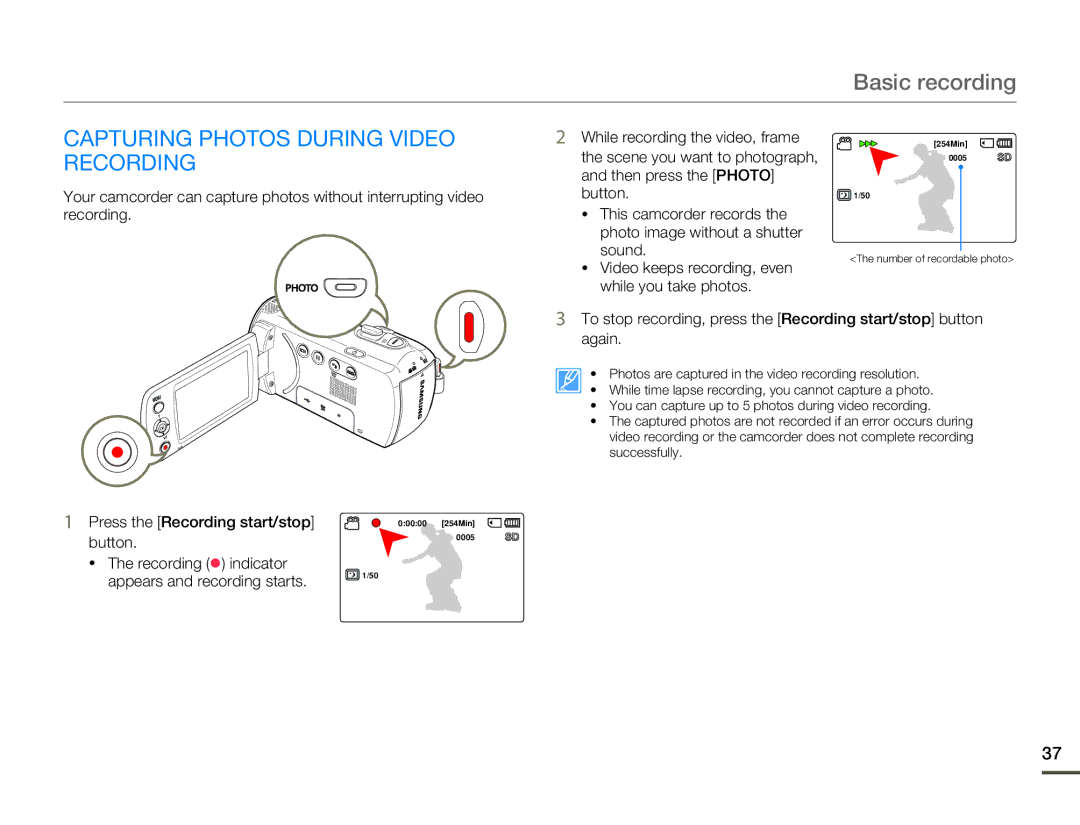 Samsung SMX-F700BP/EDC, SMX-F70BP/EDC manual Capturing Photos During Video Recording, Press the Recording start/stop, Button 