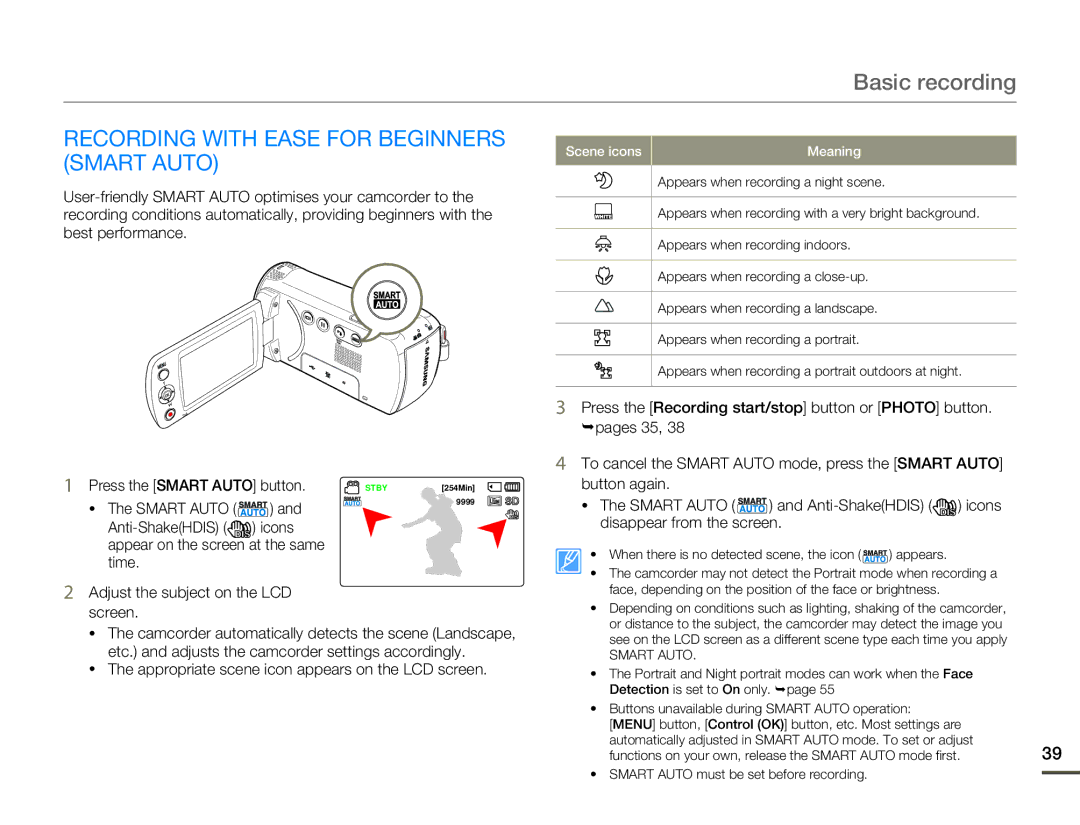 Samsung SMX-F700BP/XSV manual Recording with Ease for Beginners Smart Auto, Press the Smart Auto button, Anti-ShakeHDIS 