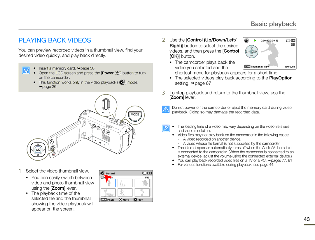 Samsung SMX-F70BP/XIL, SMX-F70BP/EDC, SMX-F700BP/EDC manual Basic playback, Playing Back Videos, Use the Control Up/Down/Left 