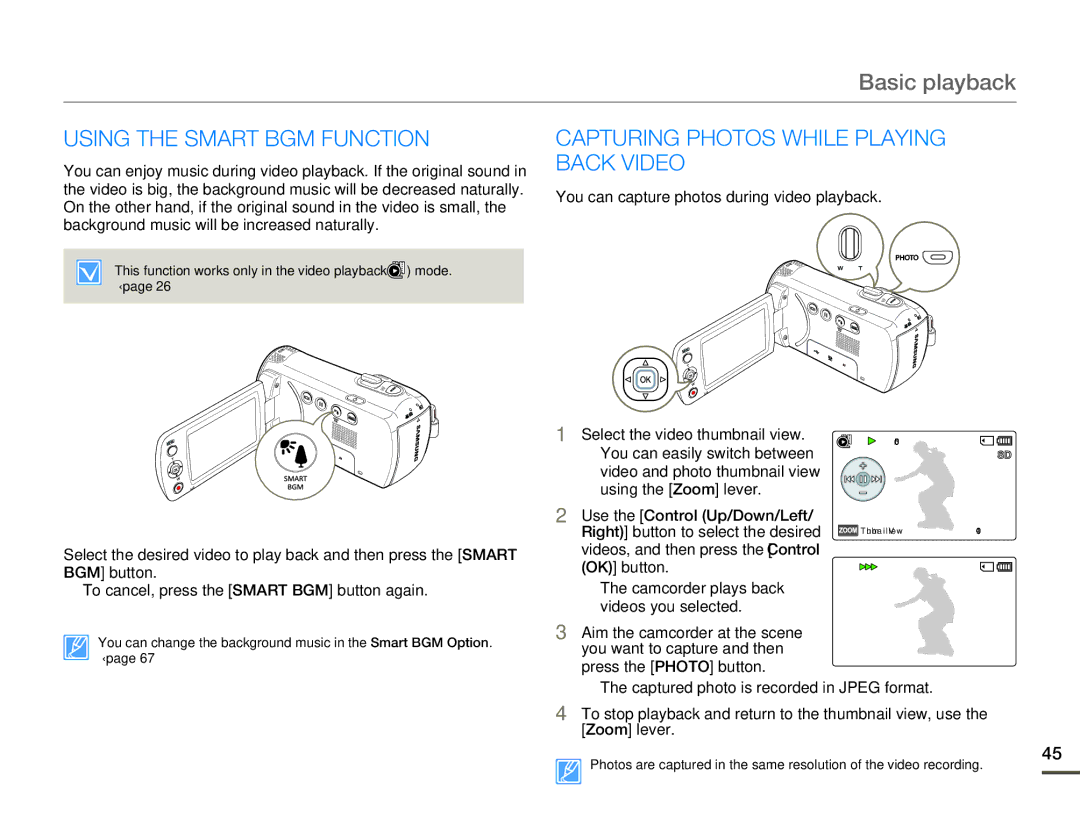 Samsung SMX-F70BP/EDC, SMX-F700BP/EDC manual Using the Smart BGM Function, Capturing Photos While Playing Back Video 