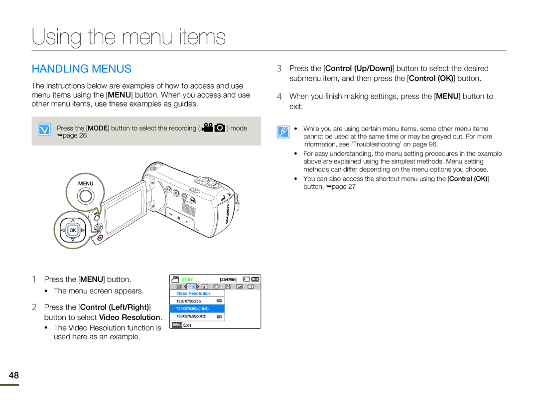 Samsung SMX-F700BP/XSV, SMX-F70BP/EDC, SMX-F700BP/EDC, SMX-F70SP/EDC, SMX-F70BP/XEK manual Using the menu items, Handling Menus 