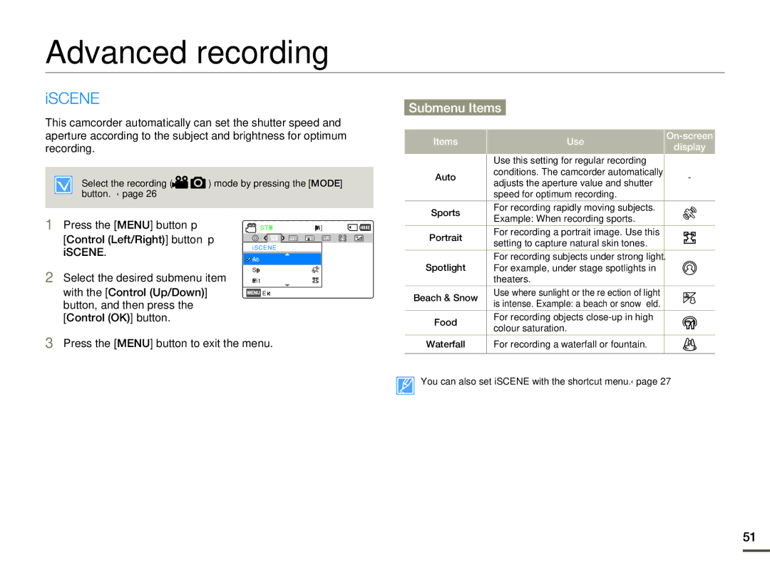 Samsung SMX-F70BP/XER Advanced recording, Iscene, Press the Menu button to exit the menu, Items Use On-screen Display 