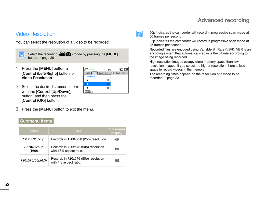 Samsung SMX-F70BP/XIL manual Advanced recording, Video Resolution, You can select the resolution of a video to be recorded 