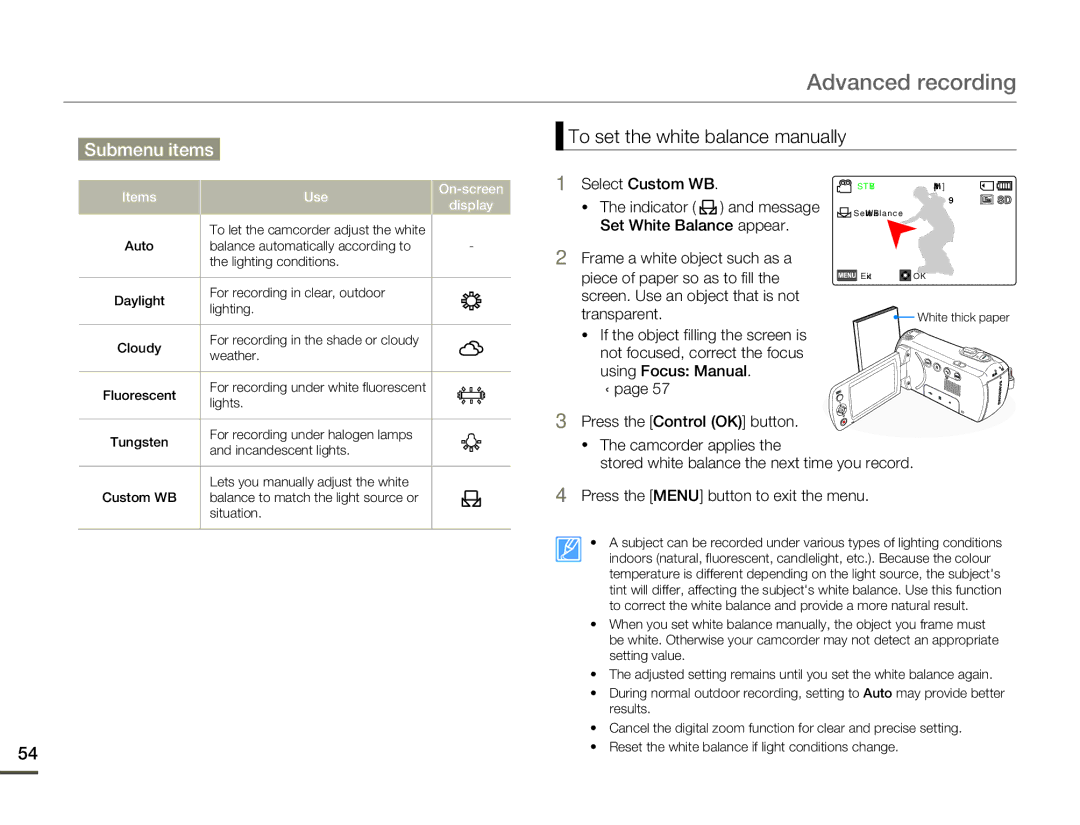 Samsung SMX-F70BP/EDC To set the white balance manually, Select Custom WB, Piece of paper so as to fill, Items Use Display 