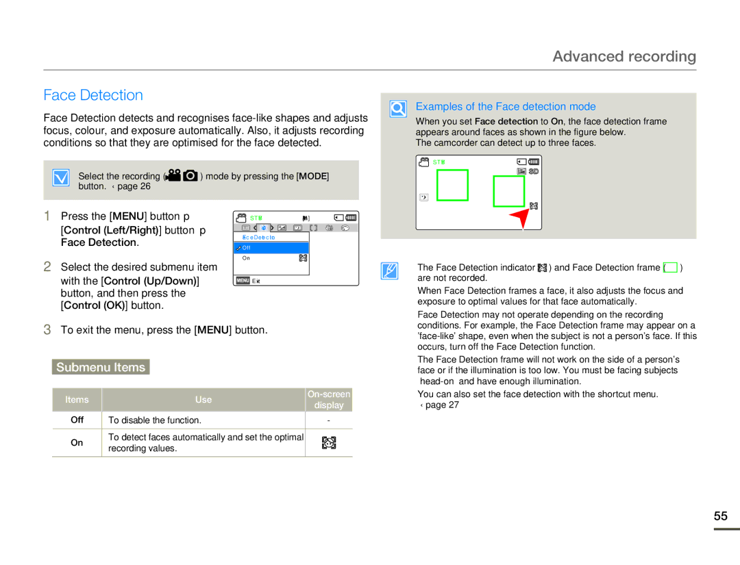 Samsung SMX-F700BP/EDC manual Face Detection, Examples of the Face detection mode, To exit the menu, press the Menu button 