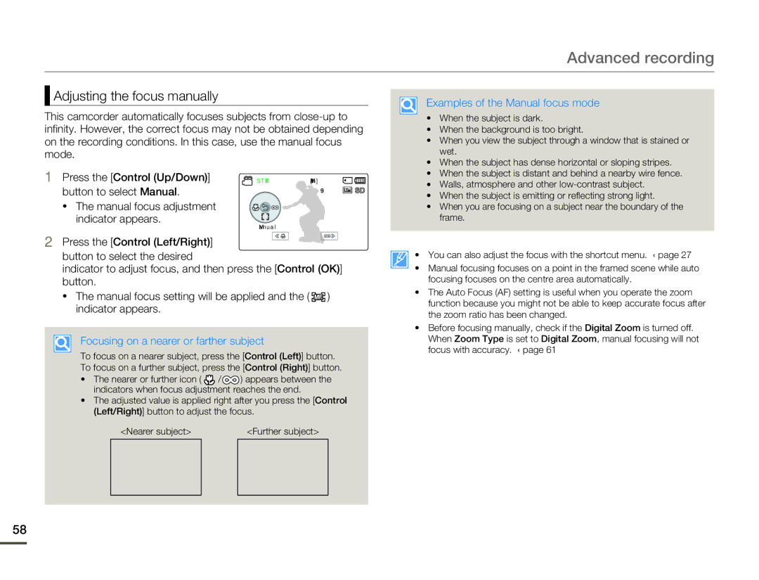 Samsung SMX-F70BP/XEK, SMX-F70BP/EDC, SMX-F700BP/EDC Adjusting the focus manually, Examples of the Manual focus mode 