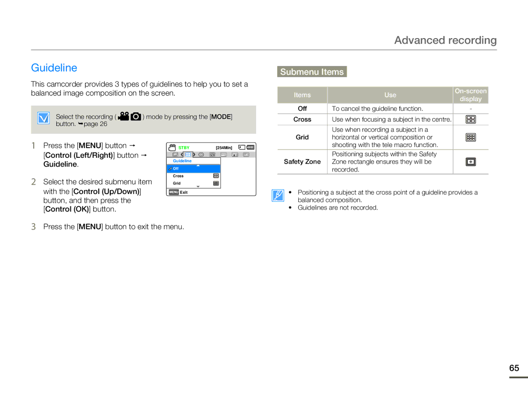 Samsung SMX-F70SP/EDC, SMX-F70BP/EDC, SMX-F700BP/EDC, SMX-F700BP/XSV manual Guideline, Press the Menu button to exit the menu 