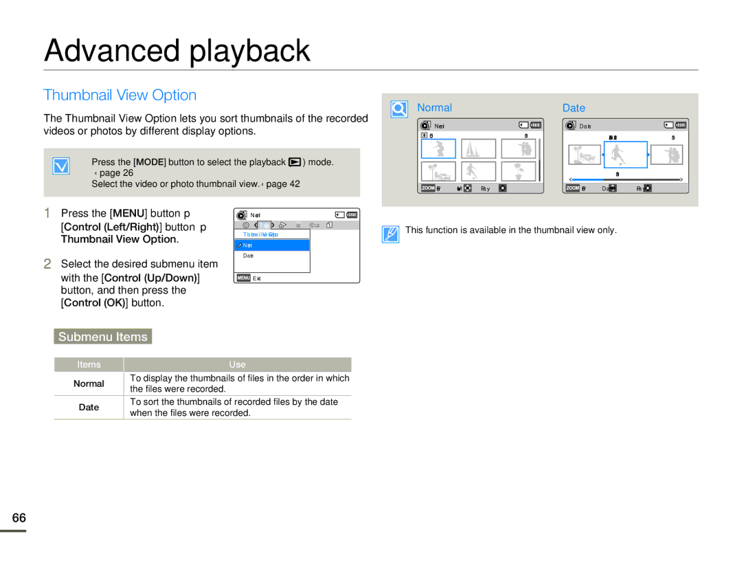 Samsung SMX-F700BP/XSV, SMX-F70BP/EDC, SMX-F700BP/EDC, SMX-F70SP/EDC, SMX-F70BP/XEK Advanced playback, Thumbnail View Option 