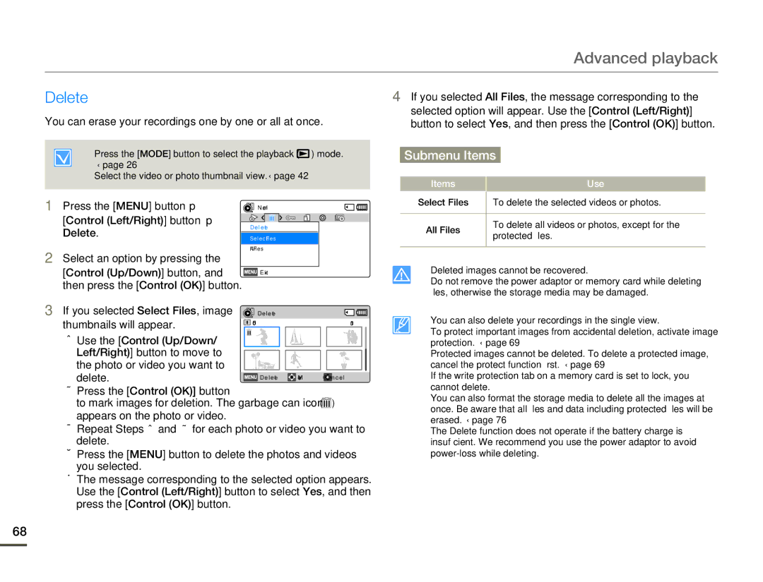 Samsung SMX-F700BP/XER manual Delete, You can erase your recordings one by one or all at once, Control Up/Down button 